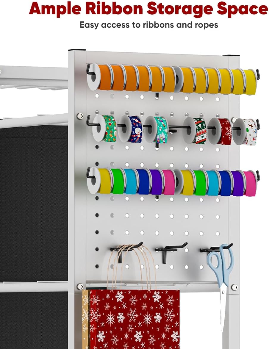 Wrapping Paper Storage Organizer with Wheels, Gift Wrap Storage Station with Ribbon and Gift Bag Storage, Rolling Craft Storage Cart with 12PCS Slap Bands, Christmas Decor, White