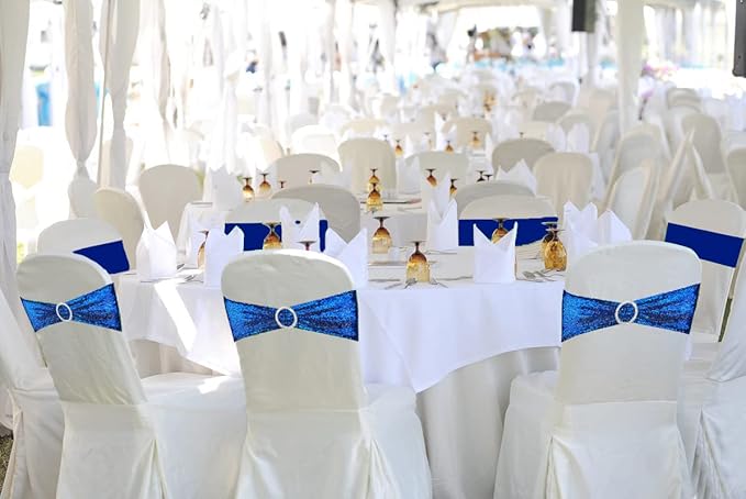Sequin Chair Sashes Stretch Chair Bands Spandex Polyester Bows for Party Hotel Wedding Banquets Decoration - 6 Pcs Royal Blue