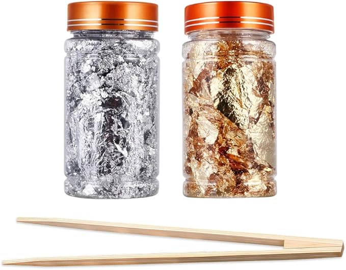 Gold Flakes for Resin, 2 Bottles 10g Imitation Golden Foil Gilding Flake Metallic Leaf for Cake Decoration Chocolate Making Nails Painting Art Crafts with Bamboo Tweezers (Gold, Silver Colors)