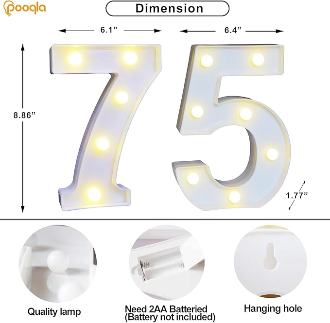 Pooqla 75th Birthday Decoration for Woman Man, Decorative LED Light Up Numbers, Marquee Numbers 75 Sign for Party Backdrop 75th Wedding Anniversary Decor, Warm White and Cool White Number 75