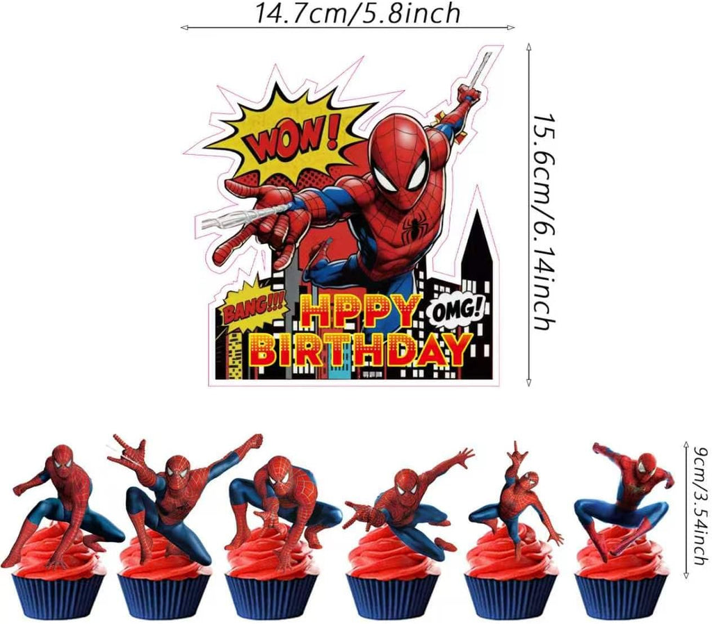25Pcs For Spider Cake Decorations with 24pcs Cupcake Toppers, 1pcs Happy Birthday Cake Topper, Cartoon Themed Party Supplies, Perfect for Birthday Party Decorations