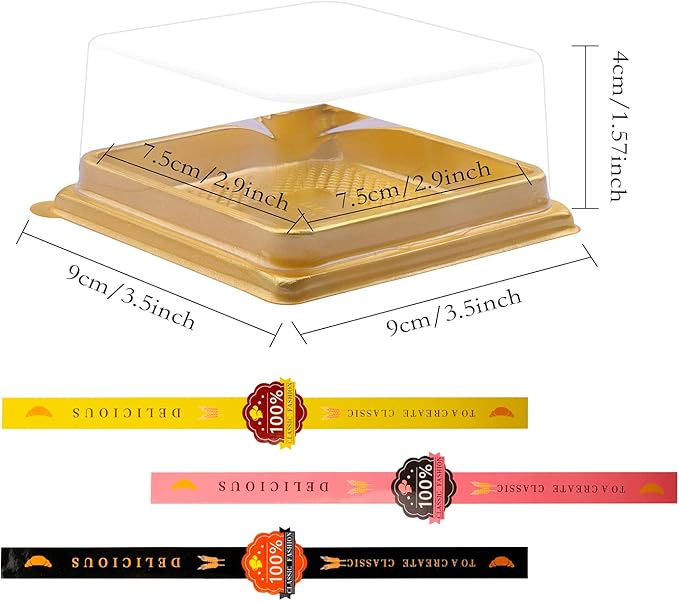 50 Pcs 3.5 Inch Mini Cake Box, Clear Plastic Cupcake Container for Muffins, Cookies, Mooncakes - Small Single Dessert Holder for Wedding, Birthday - Bonus 50 Pcs Gold Stickers