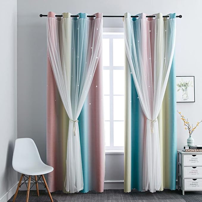 FANLI Ombre Rainbow Blackout Curtains for Kid Girls Bedroom Living Room Darking Stripe Double Layer Star Cut Out Wall Home Decor Gradient Grommet Window Curtains (Pink/Blue, 52W x 84L)