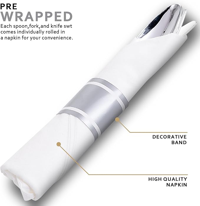400PCS Pre Rolled Silver Plastic Silverware Sets - Heavy Duty Fancy Silver Cutlery - Include 100 Pack Wrapped Disposable Utensils with Napkins for Parties, Dinners & Weddings