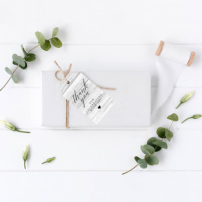 Andaz Press 100-Pack Thank You for Celebrating with Us Favor Tags Gray Rustic Wood Cardstock Gift Tags with Bakers Twine for Wedding Baby Shower Bridal Shower Birthday Party Favors 2 x 3.75-Inches