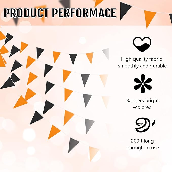 Tatuo 200 Feet Solid Pennant Banners Flags String Triangle Hanging DIY Bunting Flags Party Decorations for Grand Opening Party Banners for Kids Birthday, Shops (Black and Orange)