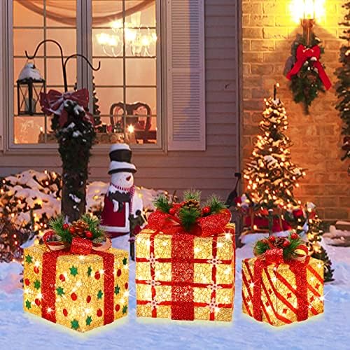 [large 9.5"x8"x6.5" christmas set of 3 lighted gift showing dimensions