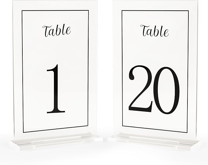 Acrylic Table Numbers 1-20 with Stand, Printed Black Font on 4x6 inch Acrylic, Clear Table Number Signs and Holders, Centerpiece for Events, Weddings, Reception, Party, Anniversary, and Decoration
