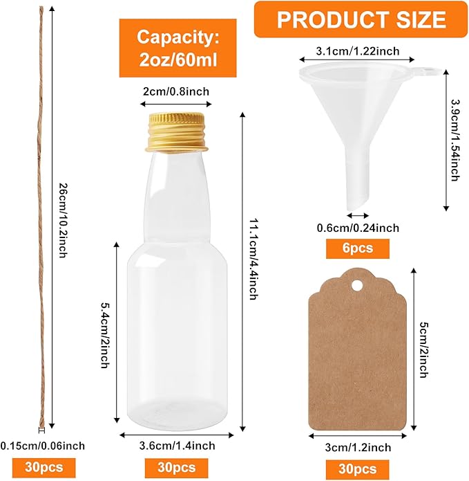 96 Pcs Mini Liquor Bottles Set, 30 Pcs 2oz Plastic Alcohol Bottles with Gold Cap, 30pcs Kraft Tags and 6pcs Funnels with 30pcs Ropes, Miniature Bottle Bulk for Wedding Birthday Christmas Party Favor