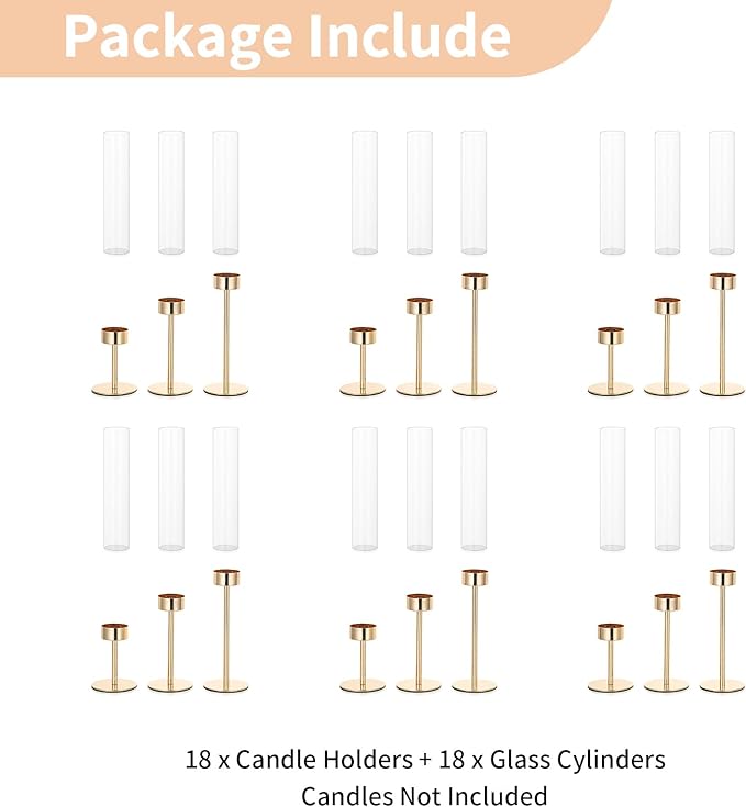 NUPTIO Candle Stick Holder for Wedding: 18 Pcs Tall Hurricane Gold Candles Holder with Clear Glass Chimney Cover - Tapered Candlestick Decor Bulk for Party Centerpiece
