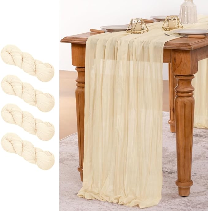 MLMW 4 Pack Beige Table Runner Cheesecloth Boho Gauze Rustic Cheese Cloth Table Runner 160 inch Sheer 13.3ft for Thanksgiving Wedding Party Baby Bridal Shower Birthday
