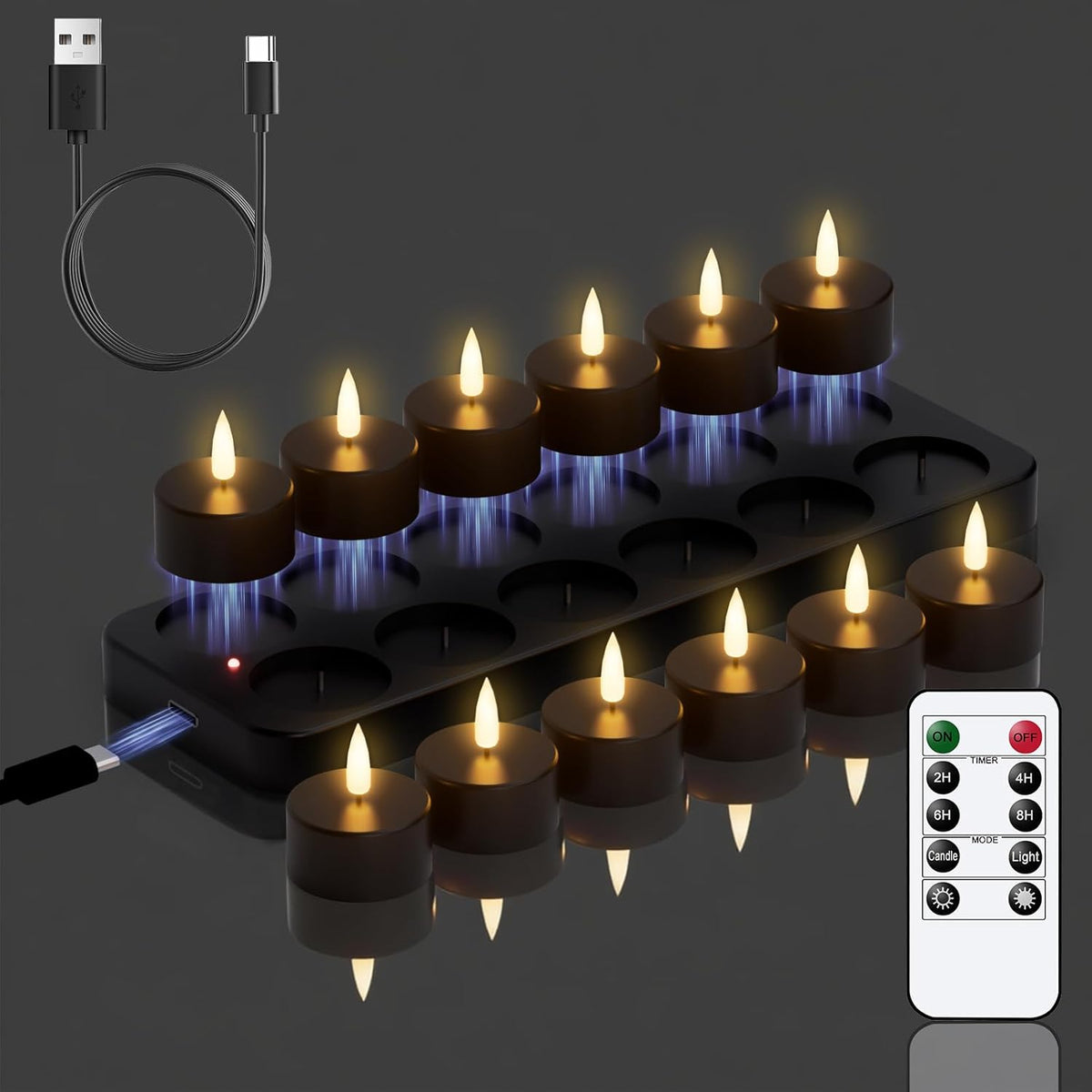 GenSwin Rechargeable Tea Lights Candles Remote Timer Charging Base Black