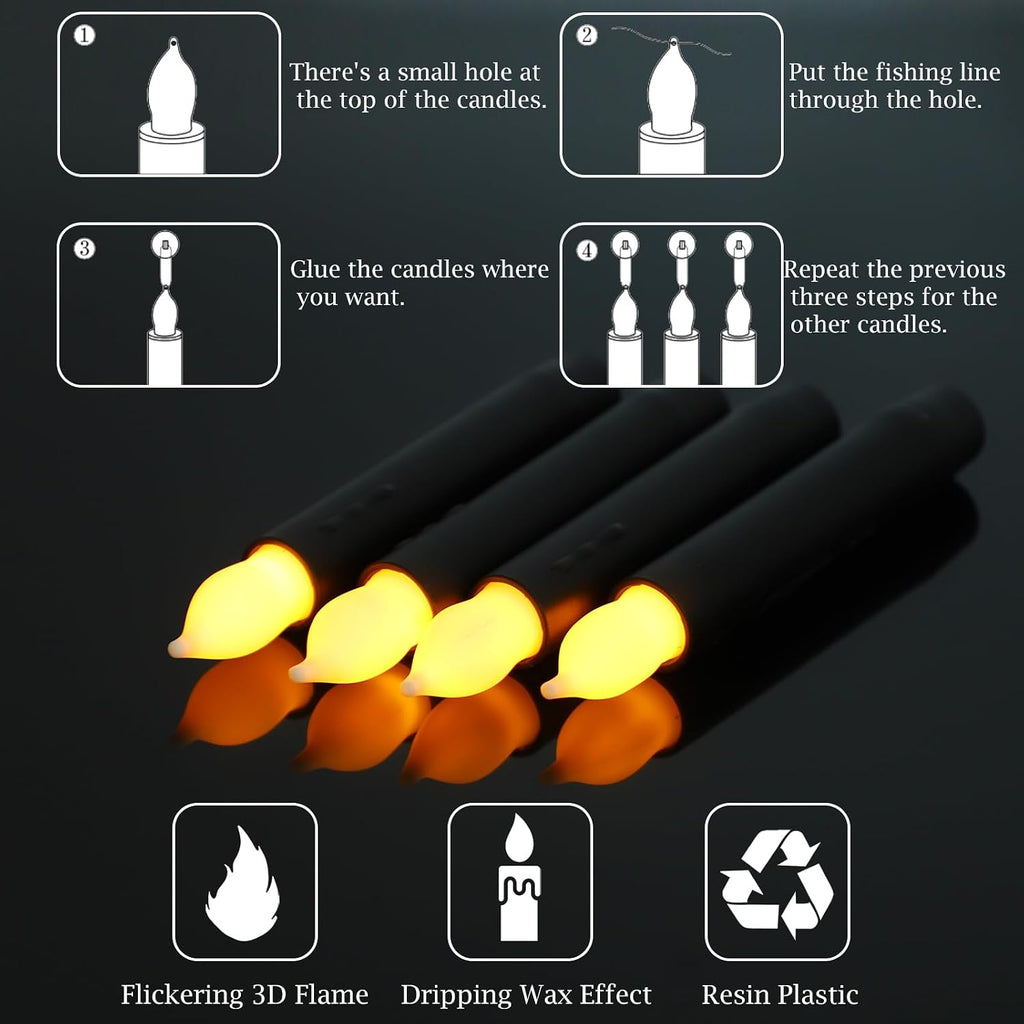 Lezonic 12Pcs Floating Candles with Wand and Remote, Magic Black Flameless Candles Battery Operated, Flikering Hanging LED Taper Candlesticks Halloween Decorations, 0.8" x 6"