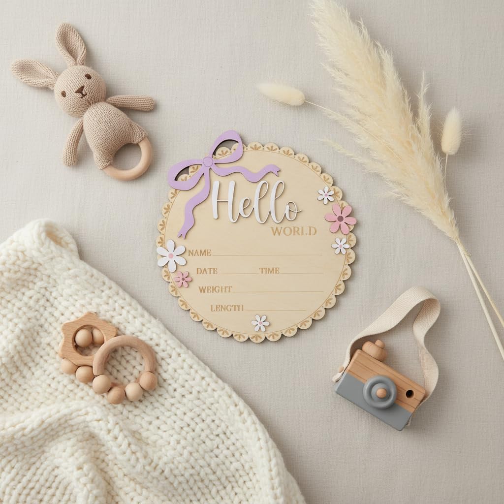 Hello World Wooden Baby Birth Announcement Sign, Pink Floral Newborn Name Date Time Weight Length Board, Baby Girl Nursery Decor Photo Prop Keepsake (Light purple ribbon)