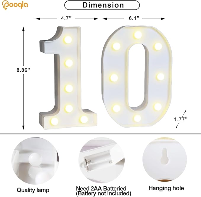 Pooqla 10th Birthday Decoration for Girls Boys, Decorative LED Light Up Numbers, Marquee Numbers 10 Sign for Party Backdrop 10th Wedding Anniversary Decor, Warm White and Cool White Number 10