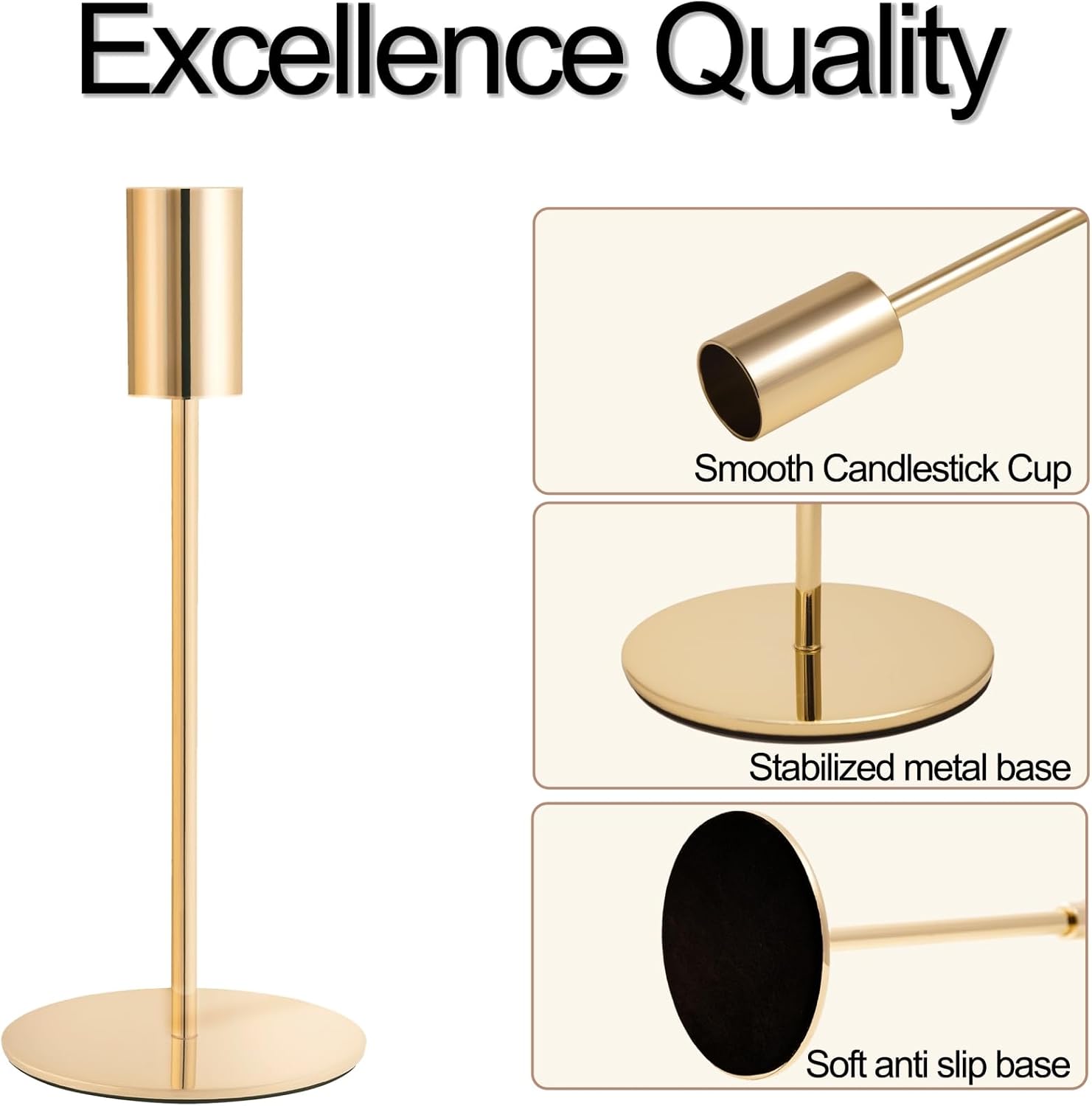 Gold Candlestick Holders, Taper Candle Holders, Set of 6, 3 Heights | Modern metal table decor with stable round bases for wedding centerpieces, dining tables, mantels, parties, and home decor