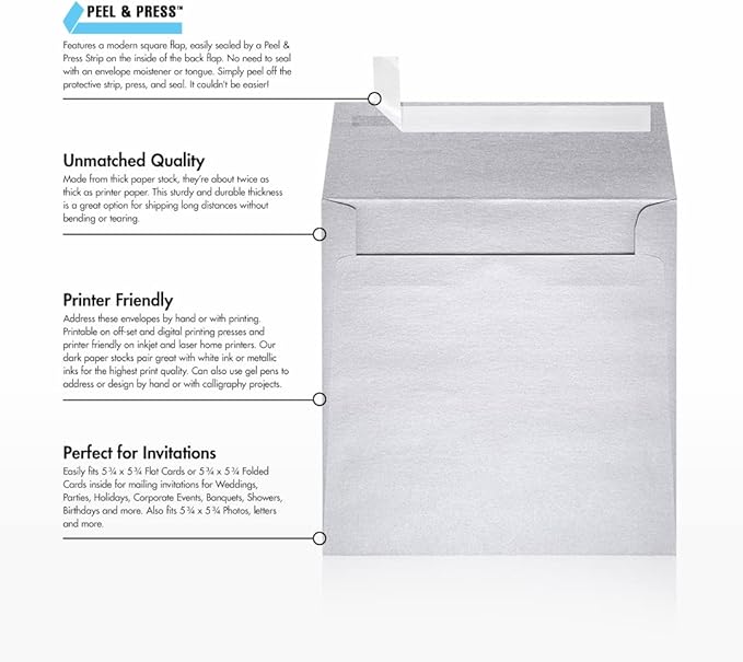 LUXPaper Square Invitation Envelopes | Peel & Press | 6" x 6" | Silver Metallic | 80lb. Text | 50 Qty