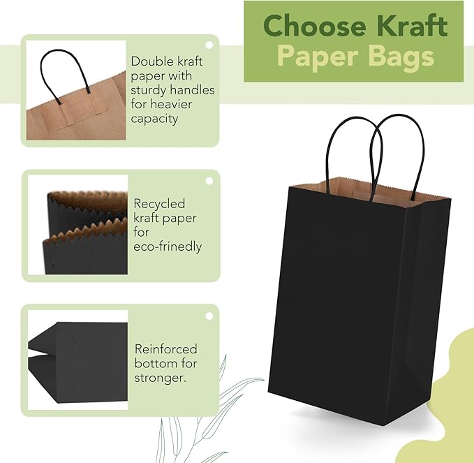 MESHA Kraft Gift Bags 200 Pack 5.25x3.75x8 Inch Small Black Paper Bags with Handles Bulk for Small Business,Birthday,Party,Wedding,Retial,Shopping Bag