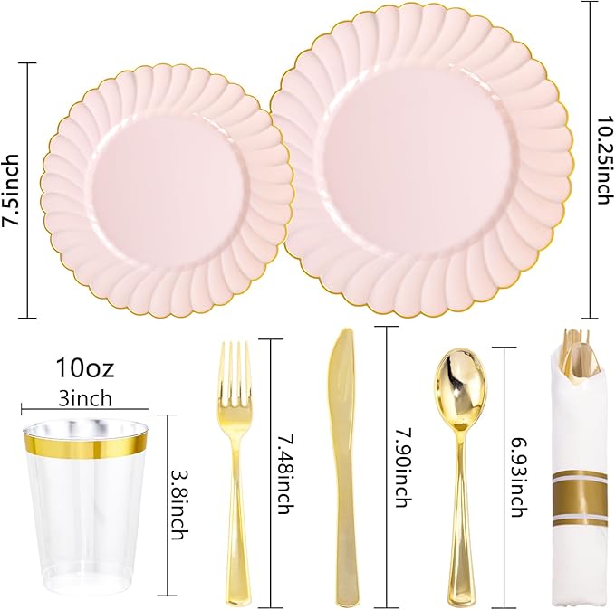 YOUBET 350PCS Pink Scalloped Plastic Plates - Pink and Gold Disposable Dinnerware Set Include 100 Plates, 150 Gold Silverware, 50 Cups, 50 Napkins for Wedding & Party