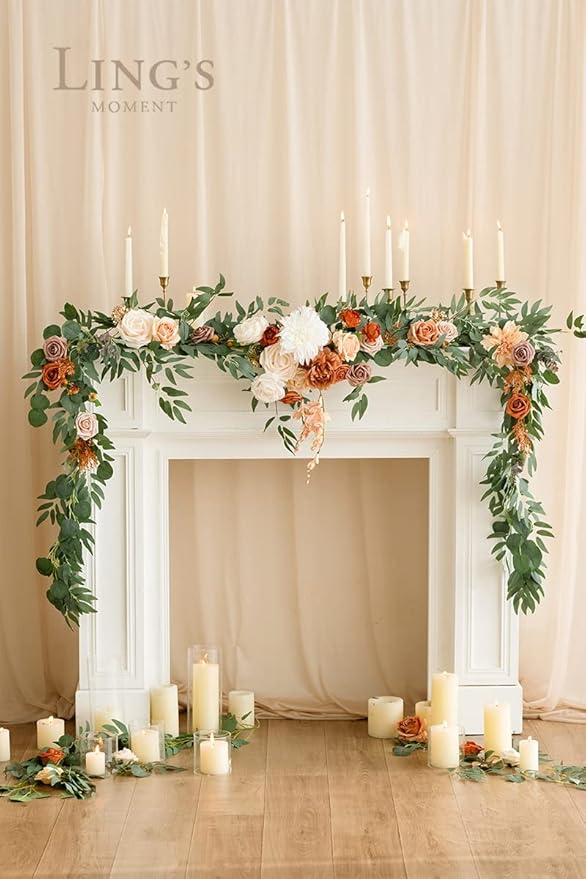 Ling's moment Fall 9FT Flower Garland for Backdrop Decorations - Wedding Arch Flowers, Eucalyptus & Rose, Artificial Floral Garland for Mantle - Sweetheart Table Decor for Ceremony, Terracotta