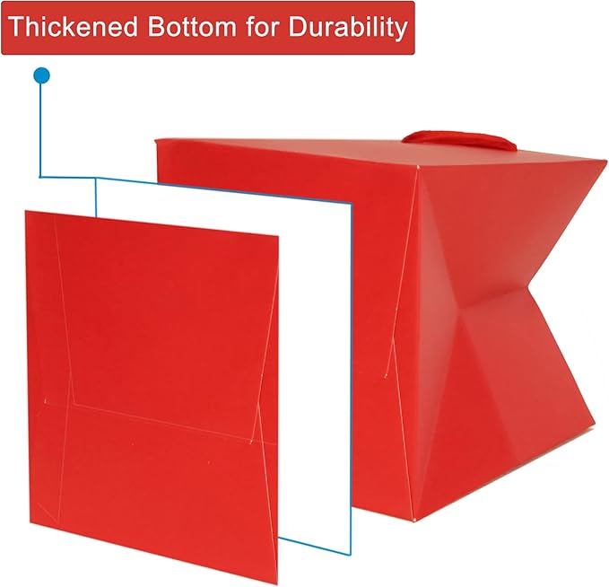 Red Square Gift Bag 12 in Paper Gift Box Large Square Bottom Kraft Paper Bags with Handles for Party Favor, Birthday Gift Bags (Red, 12 x 12 x 12 in, 10 CT)