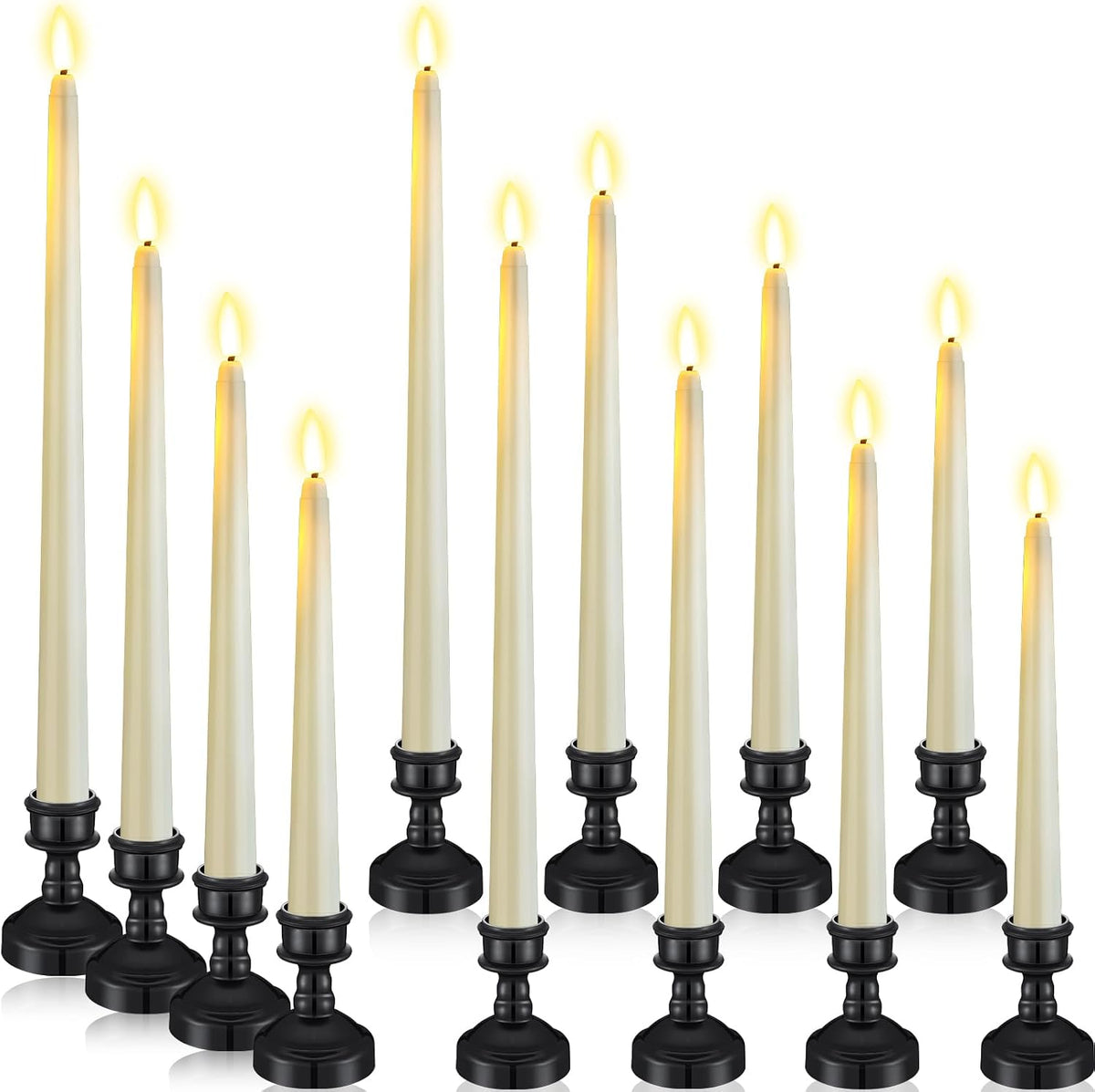 Rossesay 12 Pcs LED Taper Candles Holders, Black Holder & Ivory Candles