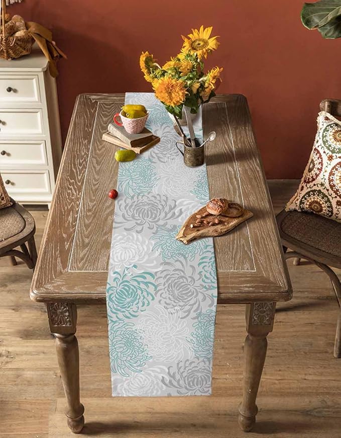 Auqa Chrysanthemum Cotton Linen Table Runner for Dining Kitchen, Wedding Outdoor Party Tablerunners Decoration, Farmhouse Floral Botanical Leaves Dresser Scarf Coffee Tablecloth Runners 13x108 Inches