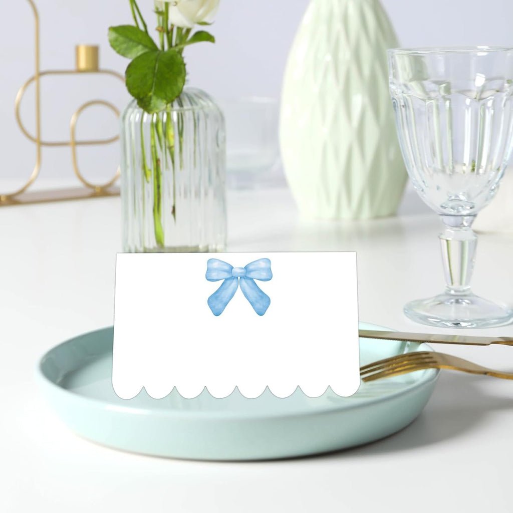 Whaline 80 Pcs Blue Bow Place Cards 8 Design Watercolor Bowknot Tented Name Cards 2 x 3.5 Inch Scalloped Blank Seat Assignment Labels for Party Table Setting Supplies