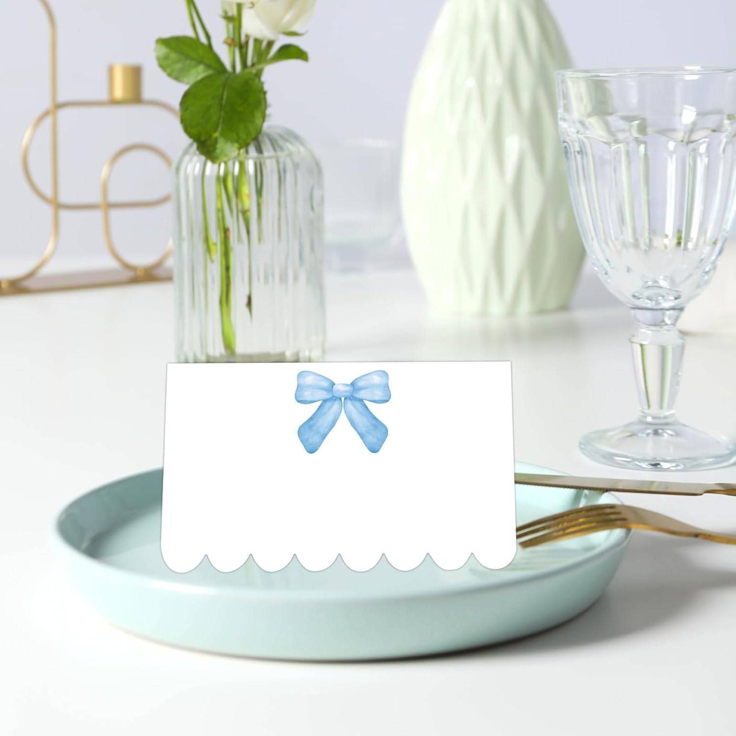 Whaline 80 Pcs Blue Bow Place Cards 8 Design Watercolor Bowknot Tented Name Cards 2 x 3.5 Inch Scalloped Blank Seat Assignment Labels for Party Table Setting Supplies