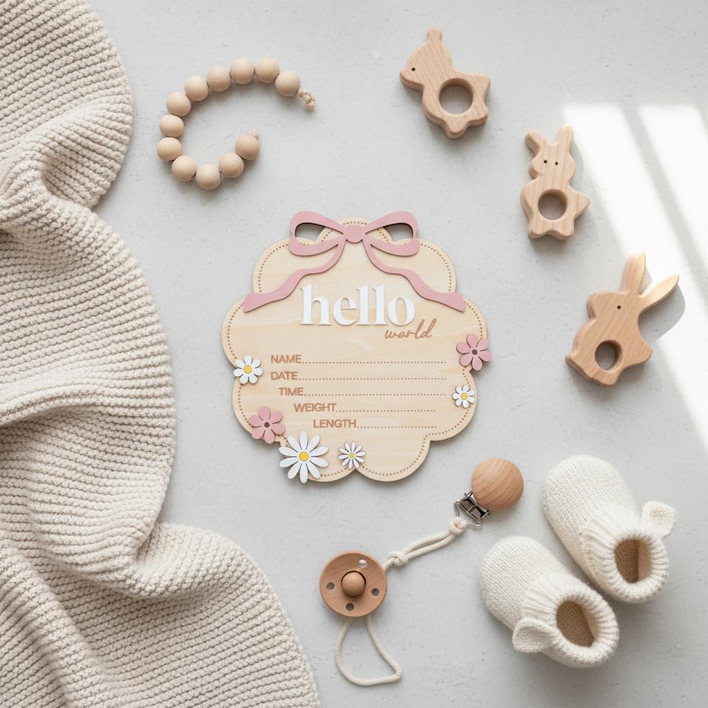 Hello World Wooden Baby Birth Announcement Sign with Pink Bow, Cloud Shape Floral Newborn Name Date Time Weight Length Board, Baby Girl Nursery Photo Prop (Light Pink)