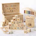Nolia Baby Shower Blocks Decorating Game – 48 Wooden Cubes to Decorate, Storage Box, 12 Acrylic Markers & Instruction Sign (Natural)
