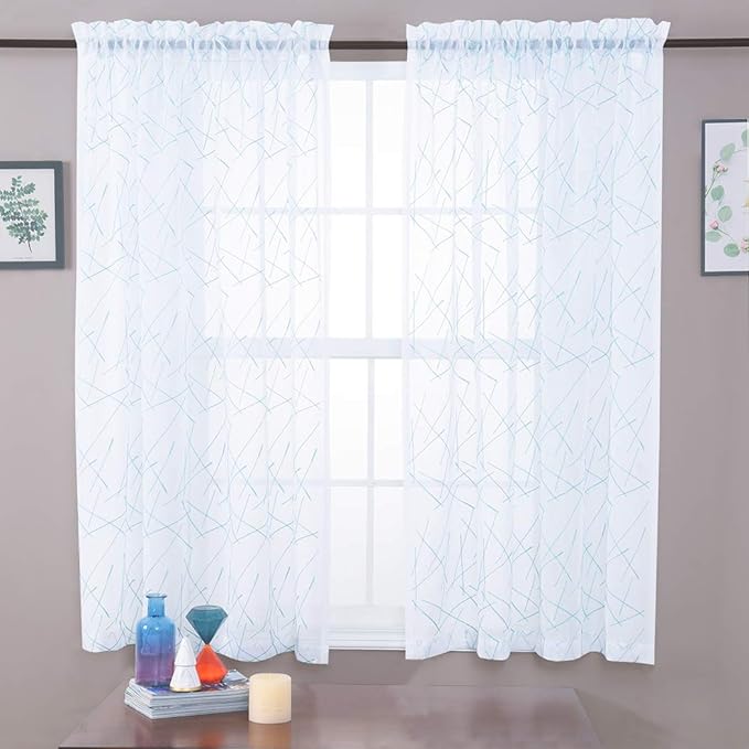 Blue Sheer Curtains 63 Inches, Rod Pocket Voile Drapes for Living room, Bedroom, Modern Embroidery Window Treatments Semi Faux Linen Curtain Panels for Yard, Patio, Parlor, Set of 2, 52"x 63".