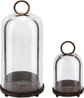 5" & 4" Wide Versatile Metal Candle Holder in Rustic Brown with Handmade Thick, Heavy & Sturdy Glass Dome for Pillar Candle, Industrial, Modern, Shelf, Mantel, Veranda, Porch