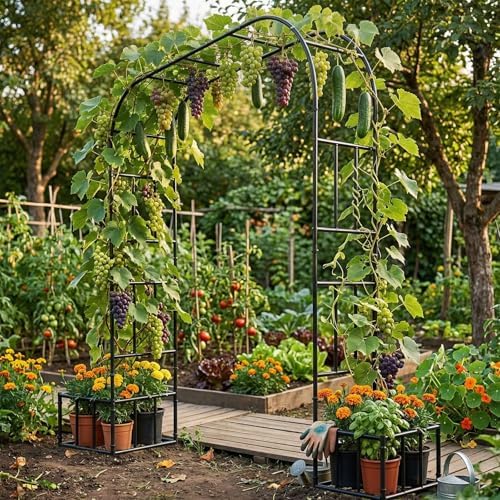 garden arch with planter boxes, metal arbor trellis showing dimensions