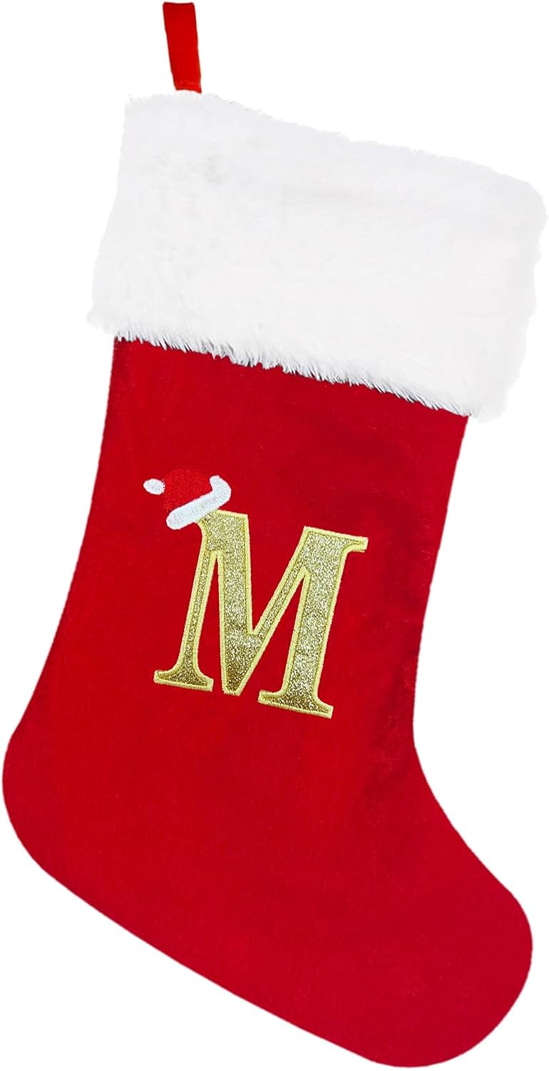 Monogrammed Christmas Stocking with Letter M | 20 Inch Personalized Red Plush Cuff Initial Stocking - Holiday Xmas for Family Decor (M, 20 Inch)