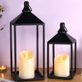 MATAHUM 2pcs Farmhouse Lantern Decor with LED Flickering Flameless Candles - Black Metal Lanterns Decorative for Home Decor, Fireplace Mantle or Table Centerpiece, Halloween Christmas Lantern Decor