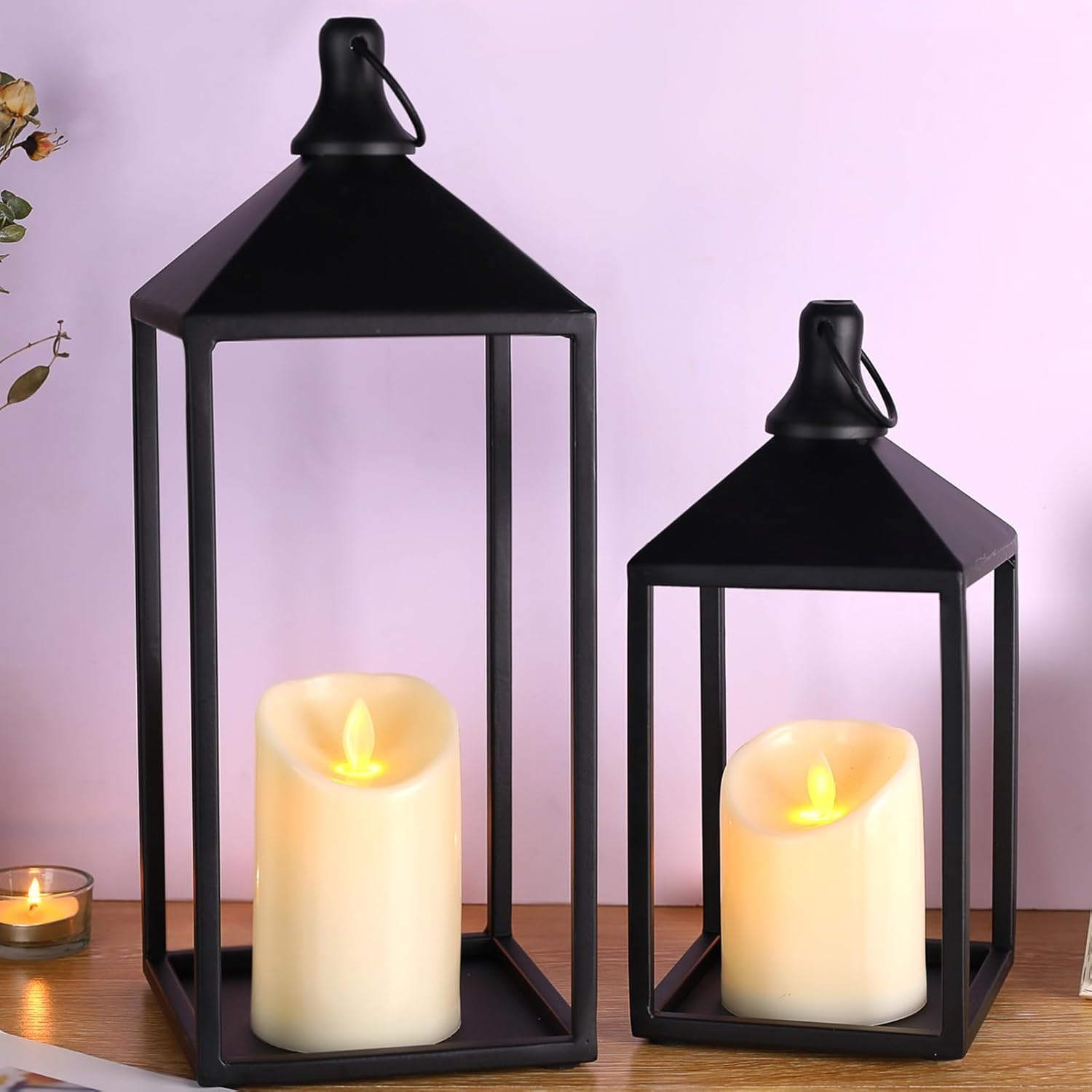 MATAHUM 2pcs Farmhouse Lantern Decor with LED Flickering Flameless Candles - Black Metal Lanterns Decorative for Home Decor, Fireplace Mantle or Table Centerpiece, Halloween Christmas Lantern Decor