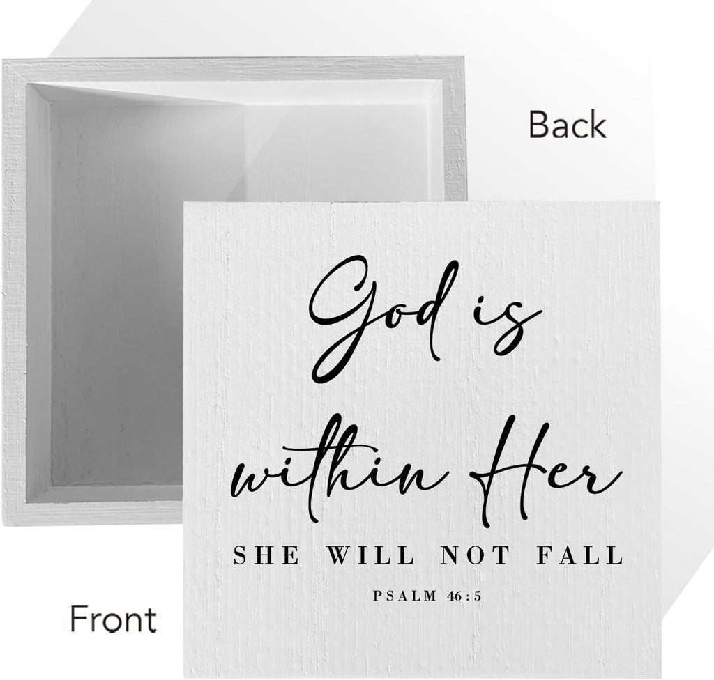 God Is Within Her Bible Verse Artwork Wooden Box Sign Rustic Farmhouse Style Psalm 46:5 Christian Wood Block Plaque 5 X 5 Inches Home Office Desk Sign Decor for Gifts