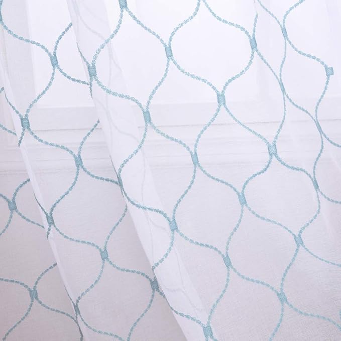 Embroidery Sheer Curtains Blue 84 Inches, Rod Pocket Voile Drapes for Living room, Bedroom, Window Treatments Wave Diamond Semi Crinkle Curtain Panels for Yard, Patio, Villa, Set of 2, 52"x 84".