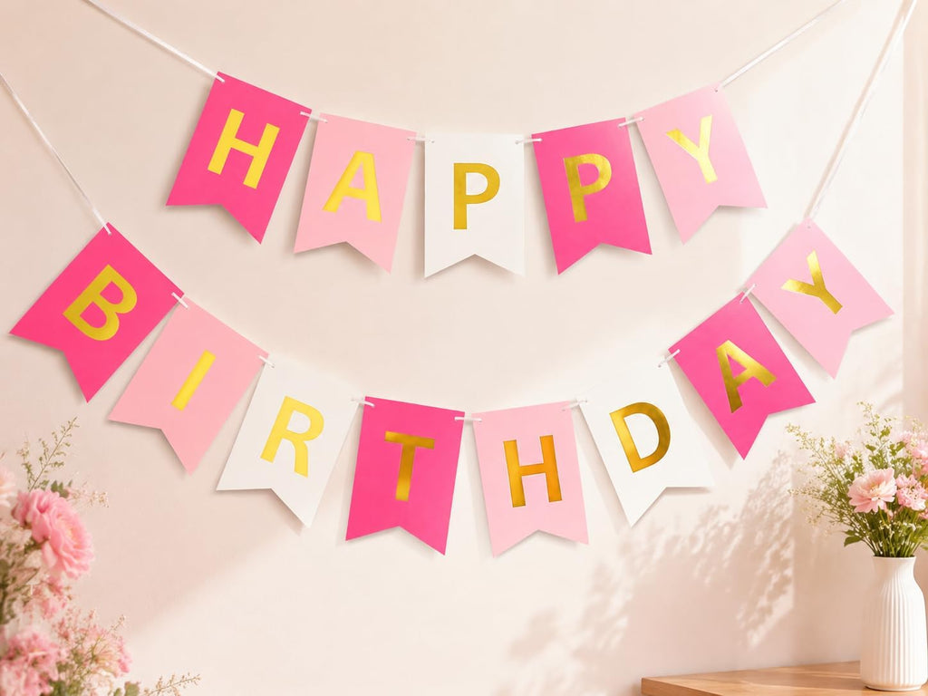 Letjolt Pink Rose White Happy Birthday Banner for Girls 13 Paper Flags | 13 flags with 2 satin ribbons easy indoor birthday decor for cake tables walls and photo backdrops