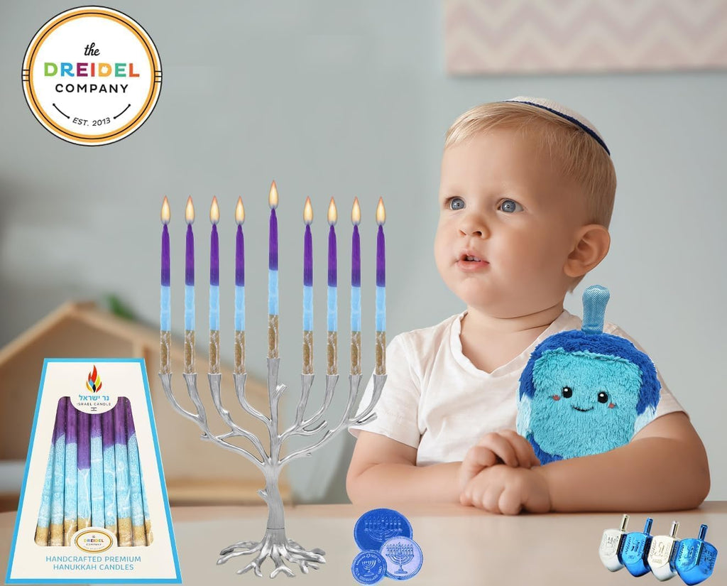 Dripless Hanukkah Candles 45 Hanukkah Candles Decorative Purple, with Blue & Gold Frosted Stripes 1-Hour Burn Time