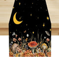 Mushroom Kitchen Table Runner, Gothic Moon Star Plants Witchy Moonlit Flower Butterfly Table Runner for Kitchen Party Living Room Drapes, 13x60 Inch Black