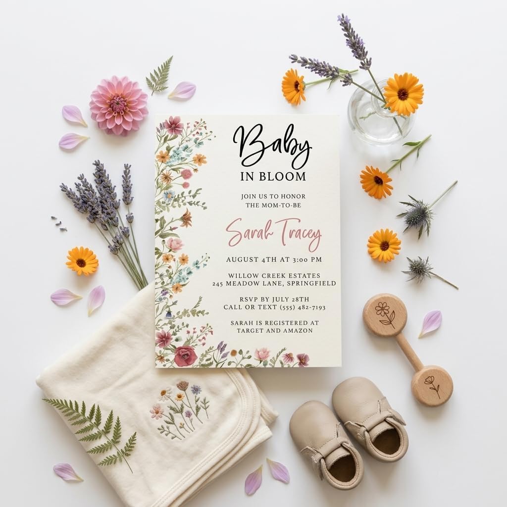 Printed Party Custom Baby Shower Invitations with Envelopes – Wildflower | Baby in Bloom Floral Design | Includes Matching Envelopes | For Girl Baby Shower or Sprinkle | Made in USA | 5x7
