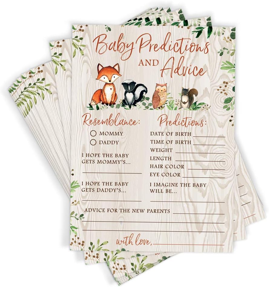 Printed Party Baby Predictions & Advice for New Parents – Woodland Baby Shower Activity, Set of 50 Cards, Gender Neutral Forest Animals Theme