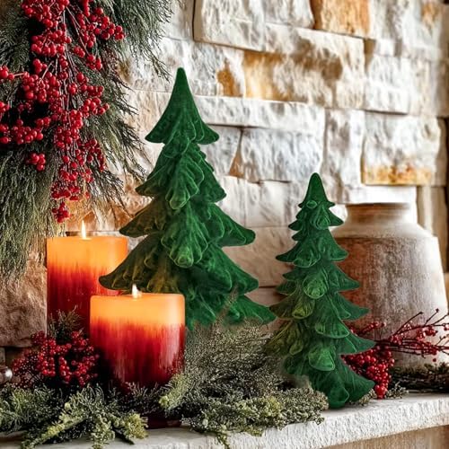 dn deconation flocked christmas tree figurines, green velvet, side view