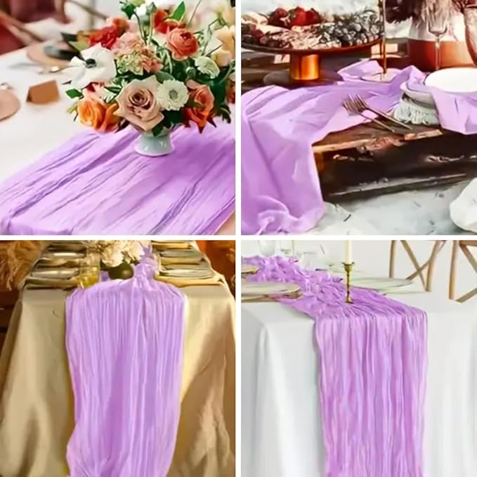10 Pack Light Purple Cheesecloth Table Runner -21*120Inch Long Boho Wedding Table Decor, Rustic Gauze Fabric Runner for Bridal Showers, Baby Showers & Parties (Sheer, Lightweight, Wrinkled Design)