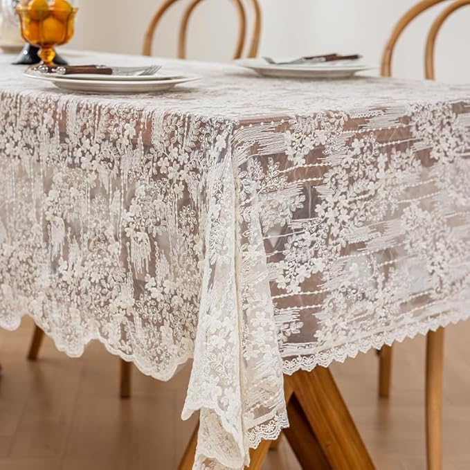 Lace Embroidered Tablecloth. Rectangle Lace Vintage Tablecloth Dustproof Table Protector for Kitchen Dining Room Party Banquet Home Picnic Wedding Decoration (Creamy White 70.5×53 inch)