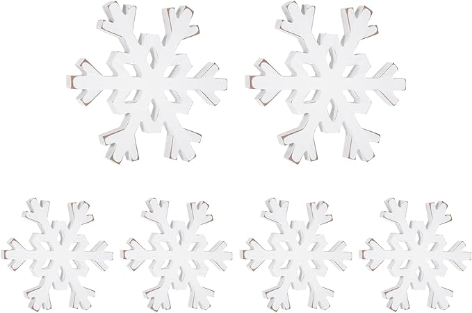 Snowflake Decorations Christmas Decor 6Pcs Winter White Wooden Snowflakes Standing Christmas Tiered Tray Decor Winter Wonderland Decorations for Indoor Home Xmas Table Shelf Fireplace Mantel