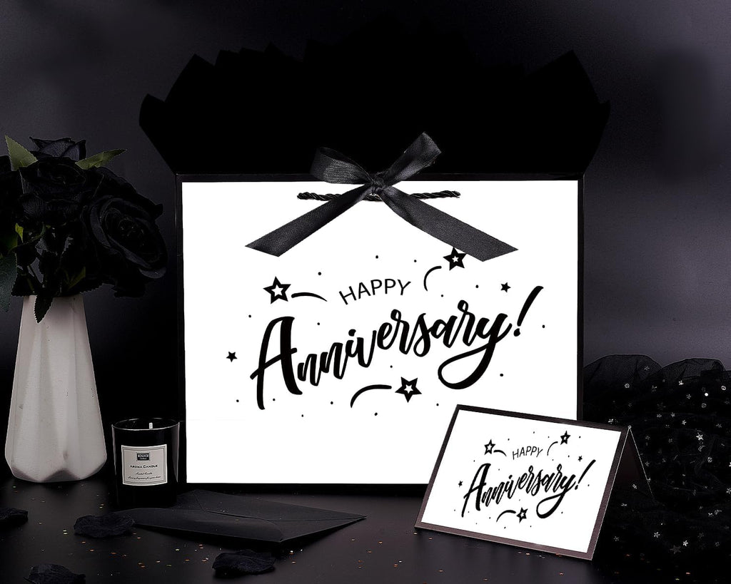 JWSCYSY 15.7" White and Metallic Black Happy Anniversary Bag with Card, Gift Bag with Ribbon and Tissue Paper, Gift ideas for Anniversary Party, Wedding Party Supplies.