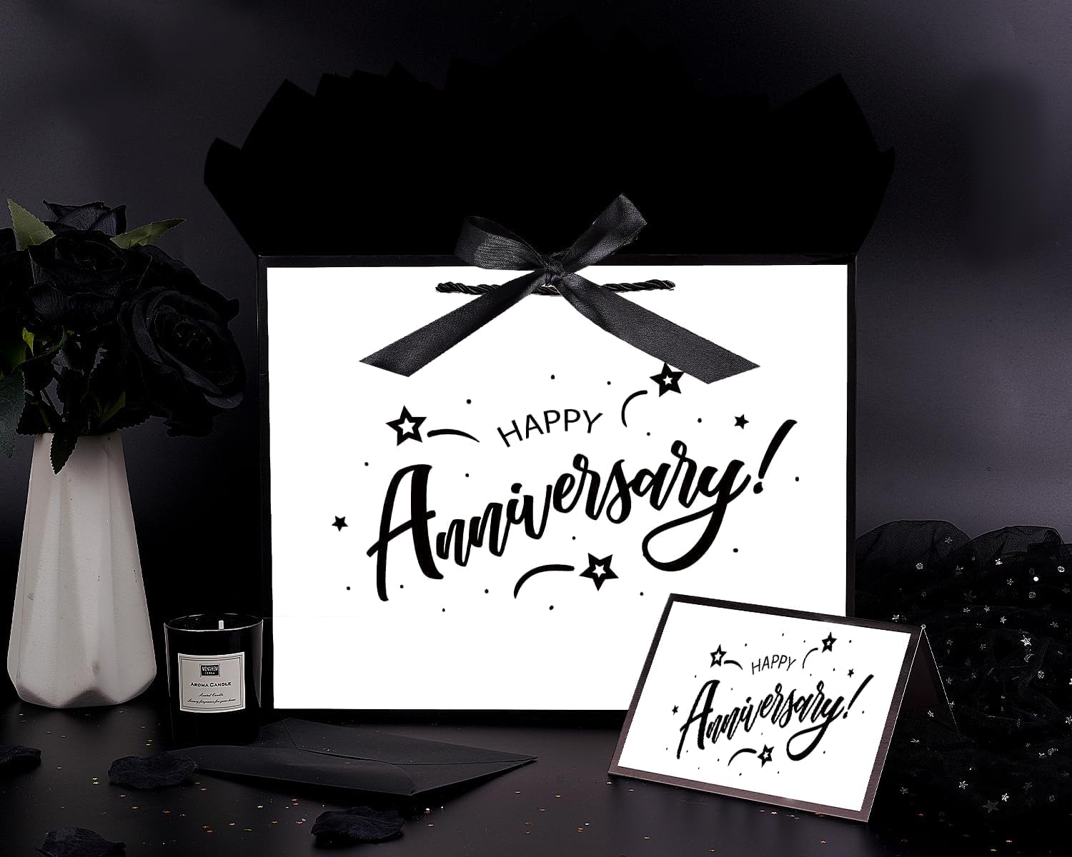 JWSCYSY 15.7" White and Metallic Black Happy Anniversary Bag with Card, Gift Bag with Ribbon and Tissue Paper, Gift ideas for Anniversary Party, Wedding Party Supplies.